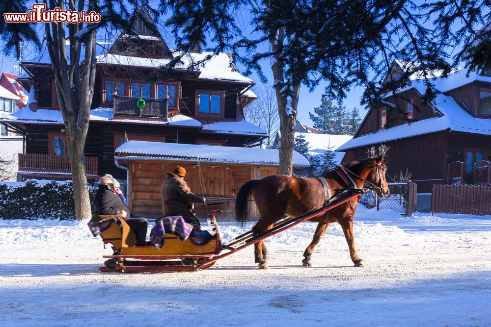 Immagine Giro in carrozza a cavallo sulla neve a Zakopane, Polonia. Città di villeggiatura nel sud del paese, Zakopane è un popolare punto di partenza per sport invernali.