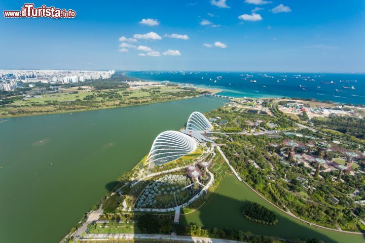 Immagine Gli avveniristici Gardens by the Bay visti dal Sands SkyPark di Singapore. Questo superparco da milioni di dollari si estende per 101 ettari e conta quasi 400 mila piante e due serre gigantesche che dominano Marina Bay. A nord del parco sorgono i supertree, giganteschi alberi collegati da una spettacolare passerella sospesa e di notte illuminati con luci ipnotiche. Sullo sfondo le acque dell'Oceano Indiano - © Chatchawat Prasertsom / Shutterstock.com