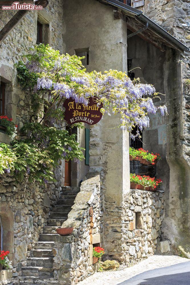 Immagine Il glicine sulla porta d'ingresso di un ristorante a Yvoire, in Francia. Fin dalla metà del XX secolo la cittadina viene premiata dal Concorso nazionale delle Città e dei Paesi fioriti - © marekusz / Shutterstock.com