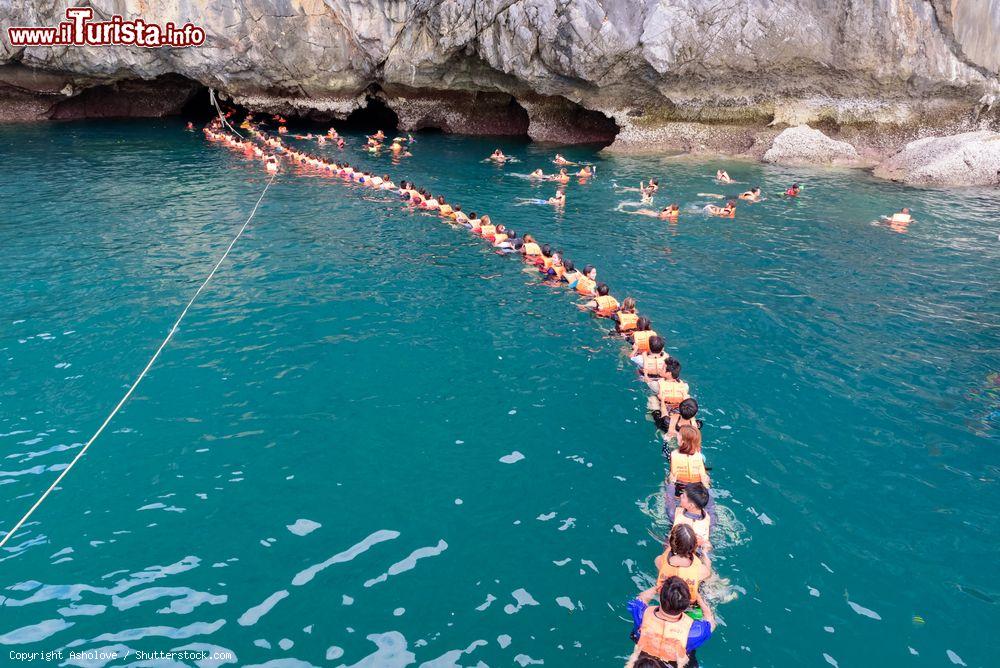 Immagine Grotta di Morakat nei pressi di Trang, sud della Thailandia. Verde, dello stesso colore dello smeraldo. Non a caso si chiama Morakot Cave, Grotta dello Smeraldo. Per raggiungere questa attrazione turistica bisogna però saper nuotare: l'accesso avviene solo immergendosi nell'acqua  e percorrendo uno stretto corridoio lungo 80 metri in cui si nuota al buio prima di raggiungere questo paradiso verde - © Asholove / Shutterstock.com