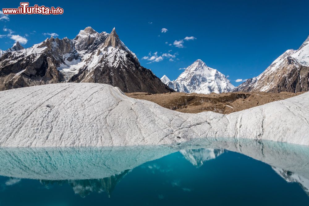 Immagine Il campo base del K2, la montagna si riflette nel lago di fusione glaciale. Siamo in Pakistan