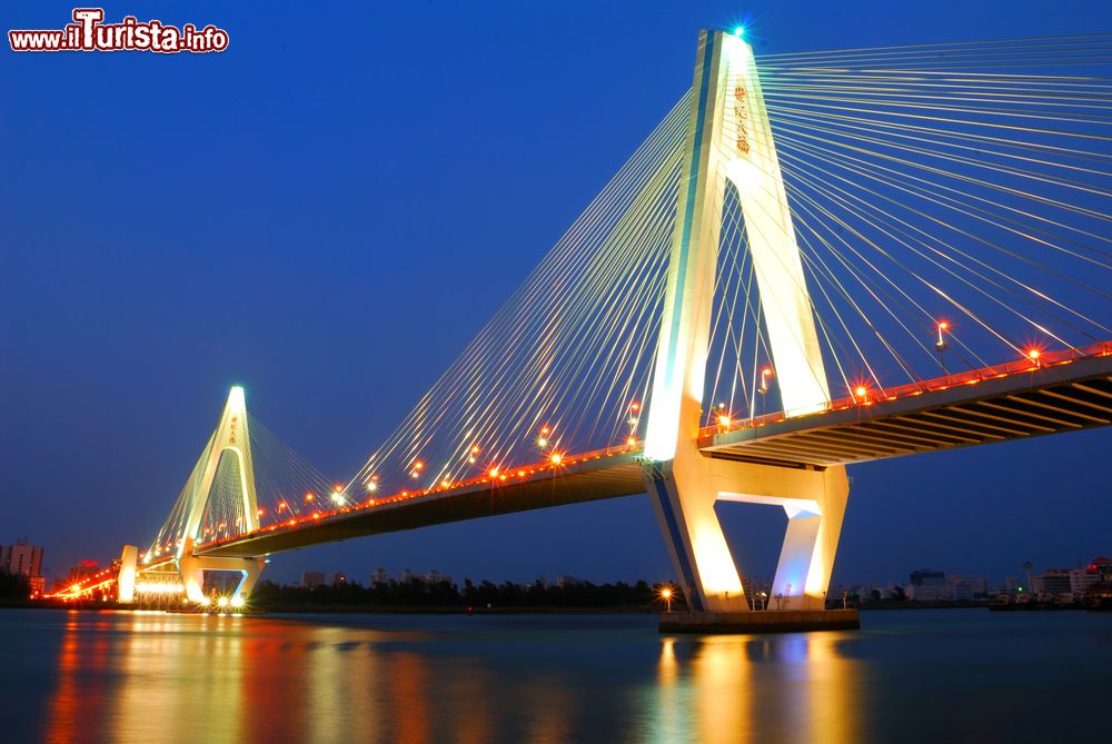Immagine Il Century Bridge illuminato di notte a Haikou, Cina. Questo ponte strallato fu costruito per colelgare la parte principale della città all'isola di Haidian. Sorge circa 50 metri a ovest del nuovo porto cittadino.