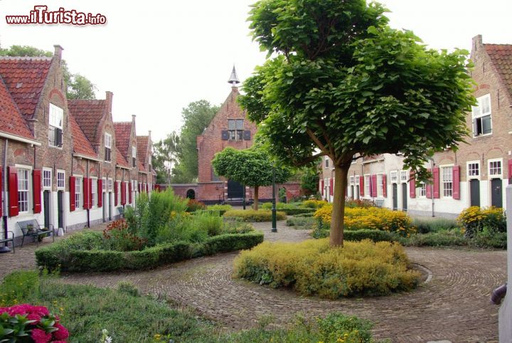 Immagine Il cortile di vecchie case a Naaldwijk, Olanda. Queste graziose casette si affacciano su un cortile piantumato con alberi e aiuole.