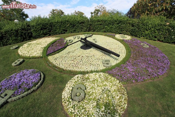 Immagine Il famoso orologio di fiori a Ginevra, Svizzera. E' formato da 6500 fiori questo gigantesco orologio, il più fotografato di tutta la città. Si trova nel giardino inglese, delizioso spazio verde che si affaccia sul lago tra il quai Gustave-Ador e il ponte Mont Blanc