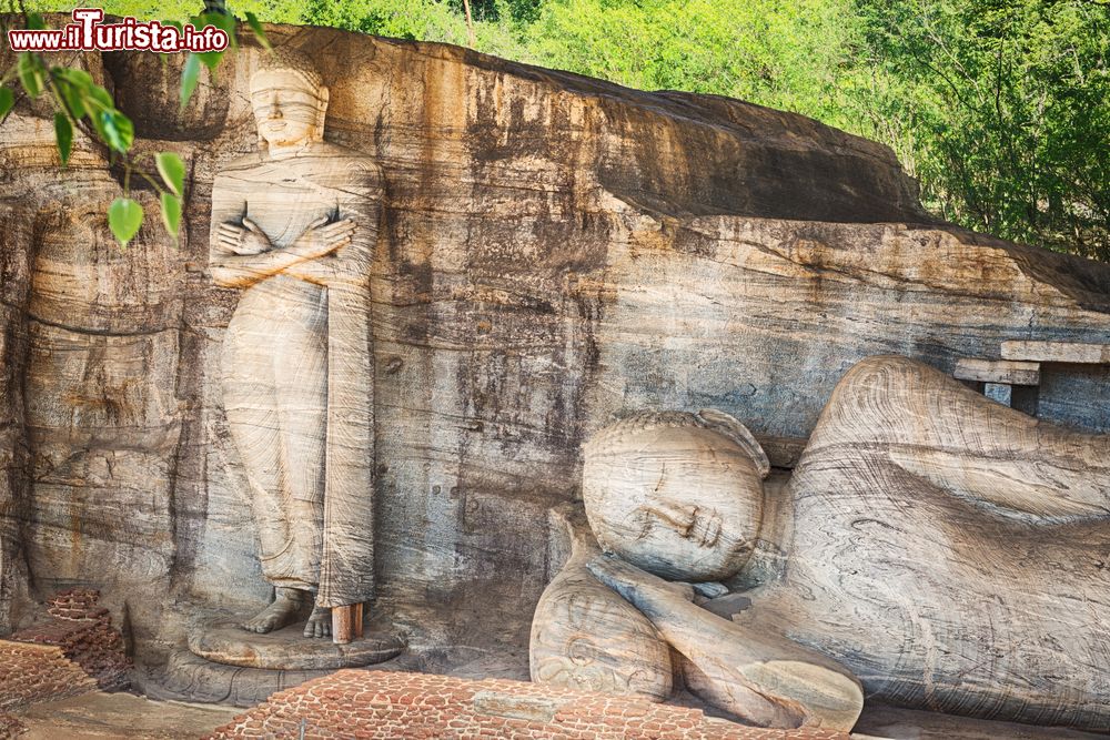 Immagine Il Gal Vihara a Polonnaruwa, Sri Lanka. Noto anche come Gal Viharaya e in origine come Uttararama, questo tempio di roccia del Biddha risale al XII° secolo. Ci sono quattro statue del Buddha: una raffigurata seduta, un'altra più piccola, sempre seduta, all'interno di una caverna, una in piedi e l'ultima reclinata. E' il monumento più visitato di Polonnaruwa.