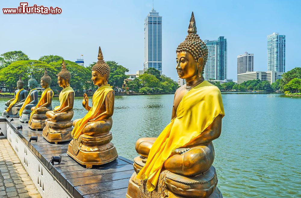 Immagine Il lago Beira con il Seema Malaka Temple e le statue di Buddha a Colombo, Sri Lanka.