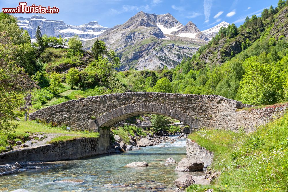 Immagine Il ponte in pietra Nadau sul fiume Gave di Gavarnie, Pirenei, Francia.