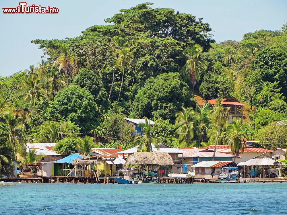 Immagine Il villaggio di Old Bank sulla costa del mare dei Caraibi con la vegetazione come sfondo a Bastimentos Island, Bocas del Toro, Panama.