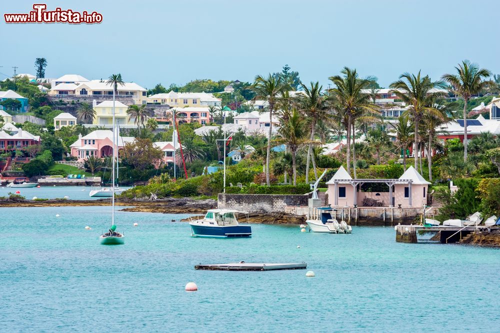 Immagine Imbarcazioni e edifici dall'architettura colorata lungo il litorale della città di Hamilton, Bermuda.