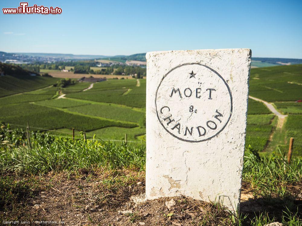Immagine Insegna in pietra dell'azienda Moet et Chandon lungo i vigneti di Hautvillers vicino a Epernay, Francia - © Luoxi / Shutterstock.com