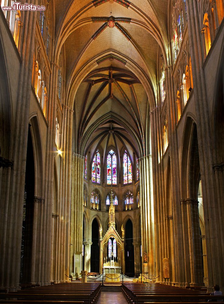 Immagine Interno della cattedrale di Santa Maria a Bayonne (Francia): l'alta navata con le vetrate colorate.