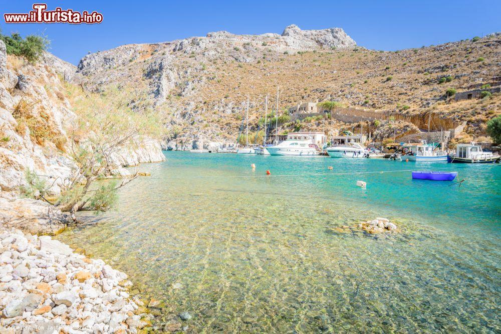 Immagine Isola di Kalymnos, Dodecaneso (Grecia): una bella veduta della costa con l'acqua trasparente e le barche da pesca ormeggiate. Sullo sfondo, le colline brulle e aspre di questa terra - © Tom Jastram / Shutterstock.com