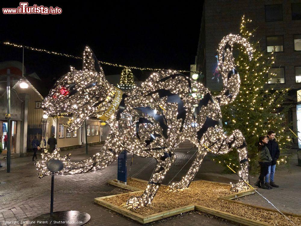 Immagine Jolakotturrin, il "gatto di Natale", nel centro di Reykjavik (Islanda). La leggenda racconta che questo felino mangi i bambini che non indossano abiti nuovi in occasione del Natale - © Carolyne Parent / Shutterstock.com