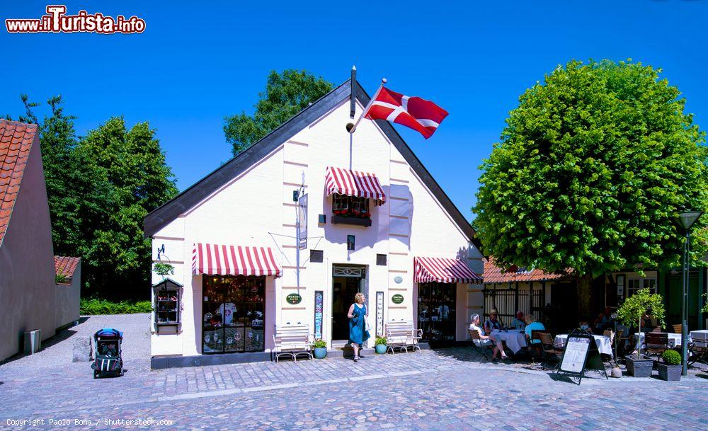 Immagine La bandiera danese sventola sulla facciata di un negozio di souvenir a Odense. Siamo nella via che ospita anche il museo Andersen - © Paolo Bona / Shutterstock.com