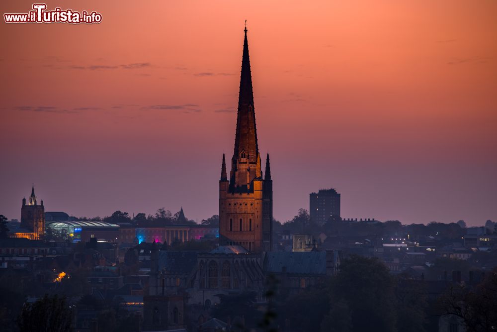 Immagine La cattedrale di Norwich al tramonto vista da Mousehold Heath, contea di Norfolk, Inghilterra.