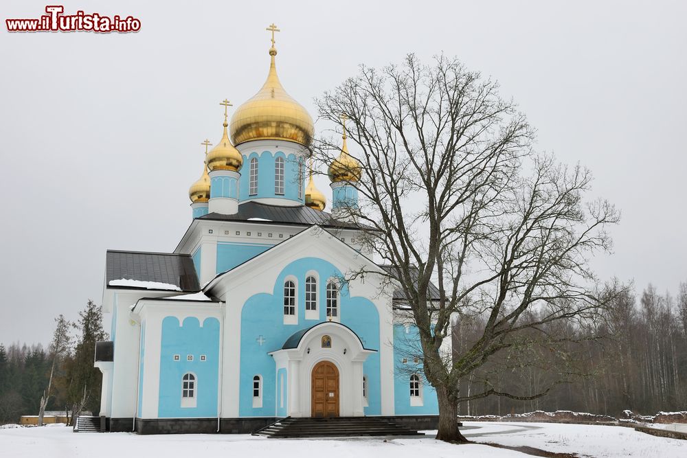 Immagine La chiesa ortodossa in pietra blu nel monastero Nikandrova Pustyn nella regione di Pskov, Russia. A caratterizzare questo luogo di culto sono le cupole dorate e la facciata azzurro pastello. 