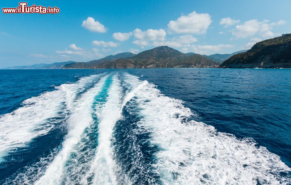 Immagine La costa di Levanto in estate vista durante un'escursione in barca, Liguria. Adagiato in una valle ricoperta di pini, ulivi e viti, questo borgo si affaccia direttamente sul mare.