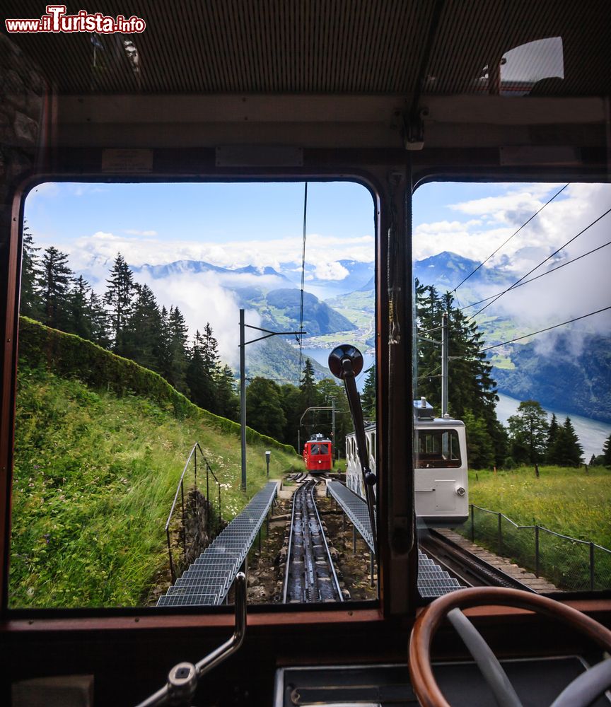 Immagine La cremagliera in viaggio fra i paesaggi svizzeri nei pressi di Rigi Kaltbad. Andare alla scoperta delle maestose vette alpine a bordo delle tradizionali locomotive è uno dei modi più affascinanti per viaggiare fra la natura della Svizzera.