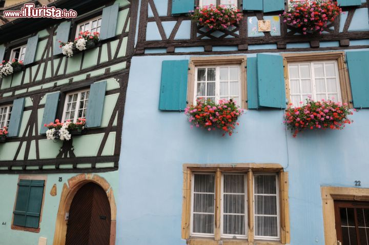 Immagine La facciata azzurra di un edificio antico nel centro di Colmar, Alsazia, Francia. A impreziosirla non mancano le persiane color turchese e i gerani fioriti - © Pack-Shot / Shutterstock.com