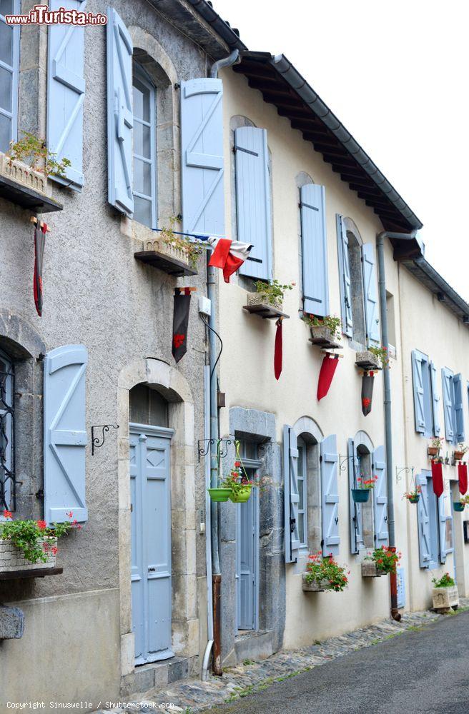 Immagine La facciata di una tipica casa nel borgo di Saint-Bertrand-de-Comminges (Francia): porte e persiane in legno color azzurro pastello - © Sinuswelle / Shutterstock.com