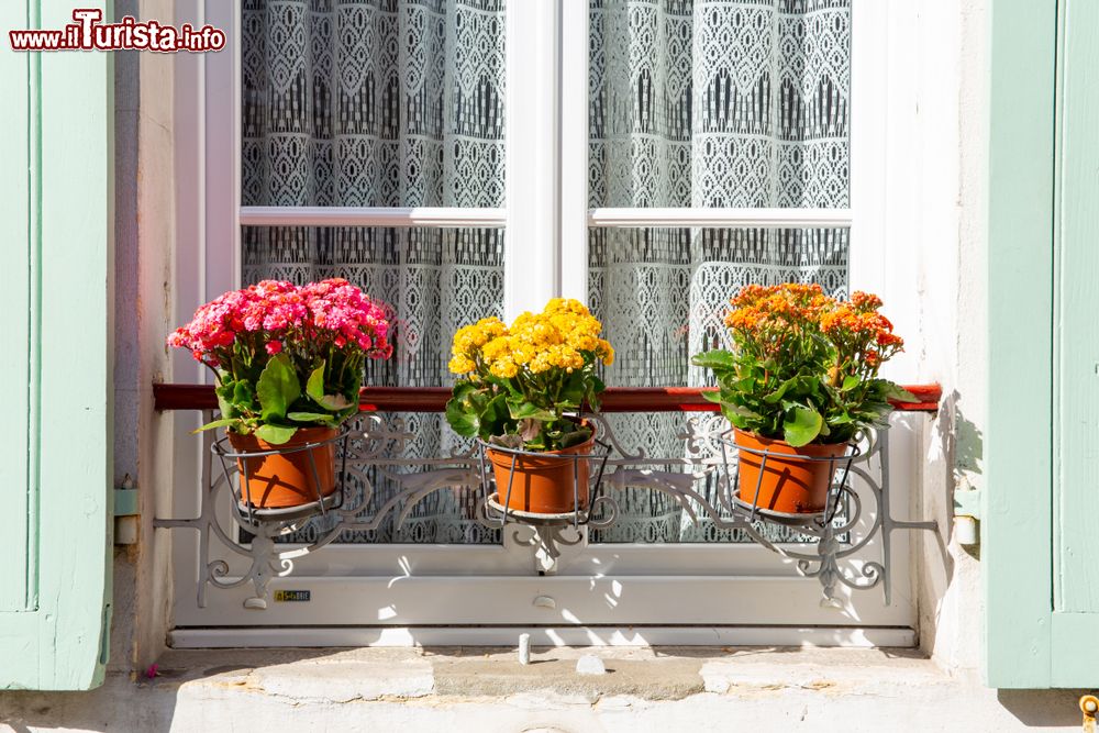Immagine La finestra di una casa decorata con fiori colorati nel centro di Nevers, Francia.