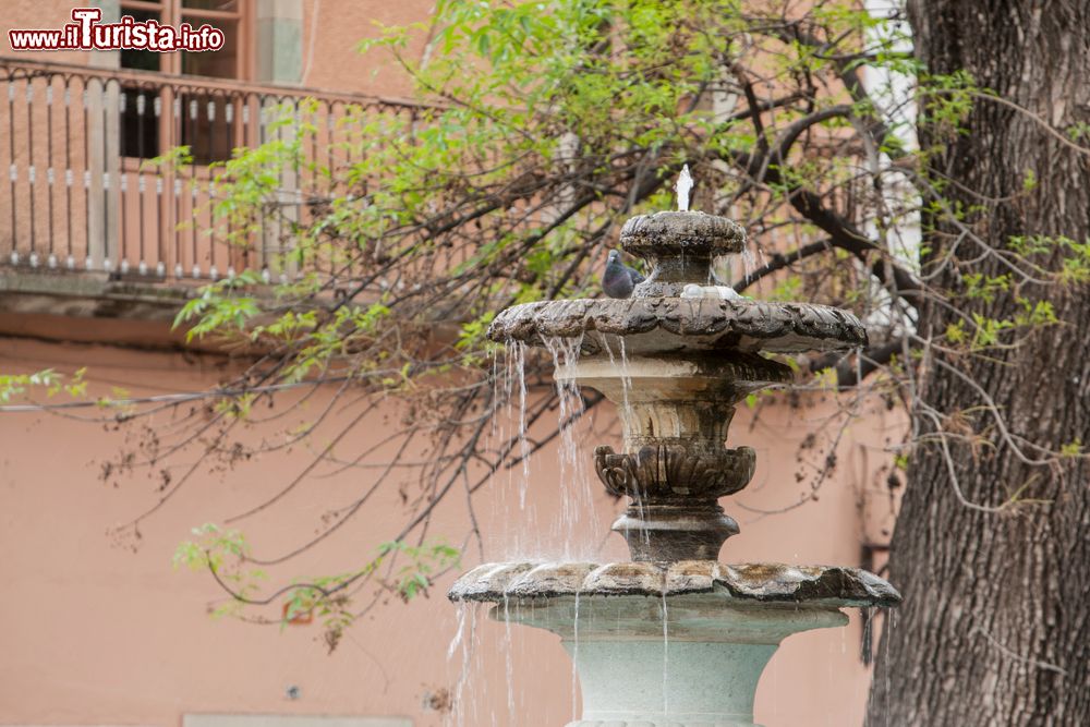 Immagine La fontana di un giardino nel centro di Guanajuato, Messico. Sullo sfondo, un vecchio balcone con ringhiera.