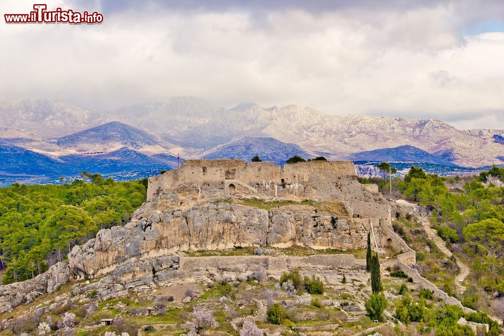 Immagine La fortezza di Novigrad con il monte Velebit sullo sfondo, Croazia. Il borgo è sorto sulle fondamenta di una fortezza arroccata su un colle da cui degrada verso il mare.