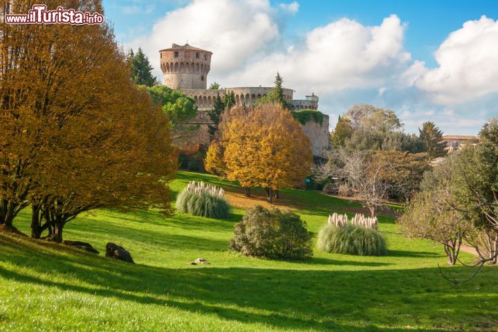 Immagine La Fortezza Medicea con il parco che la circonda, provincia di Pisa, Toscana, in una bella giornata di sole. Si tratta di due fortificazioni unite da una cortina muraria. La rocca nuova con il possente mastio venne costruita per volontà di Lorenzo de' Medici.