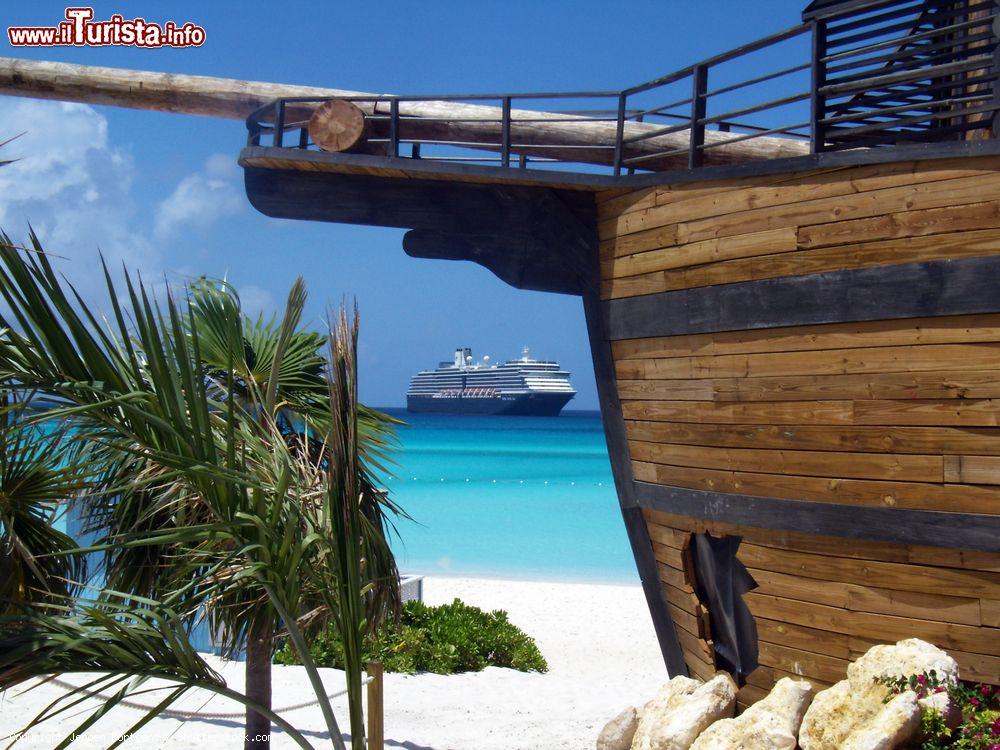 Immagine La nave da crociera Zuiderdam a Little San Salvador Island, Bahamas. Appartiene alla compagnia Holland America Line ed è la prima di una serie di navi da crociera che indicano un punto cardinale (Zuid), sud in questo caso. In primo piano, le foglie di una palma e il dettaglio di una nave pirata - © Jeroen Fortgens / Shutterstock.com