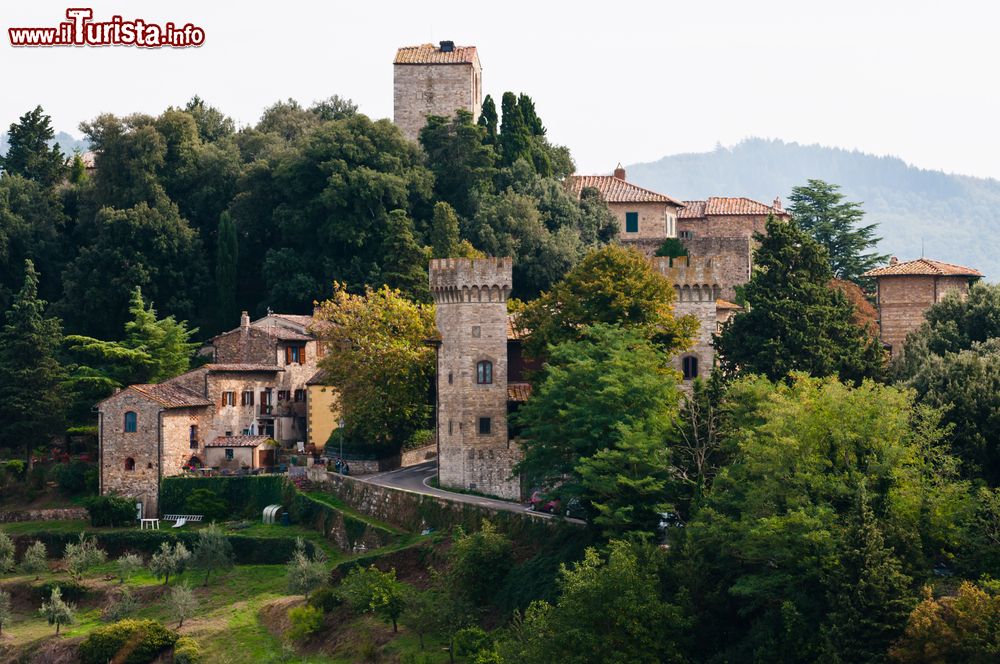 Immagine La piccola città di Montefioralle, Toscana, con alcuni edifici antichi e torri.