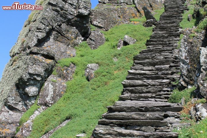 Immagine La ripida scala , costruita quasi 1.000 anni fa, che si inerpica tra le rocce di Skellig Michael fino al monastero Patrimonio UNESCO. Siamo in Irlanda, al largo delle coste nord-occidentali