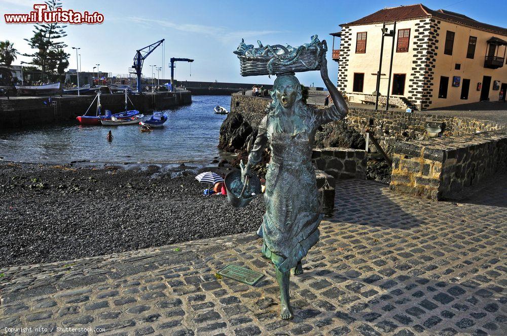 Immagine La scultura di una pescatrice al porto di Puerto de la Cruz, Tenerife, Spagna. Questa statua, opera di Julio Nieto, è dedicata agli antichi venditori di pesce - © nito / Shutterstock.com