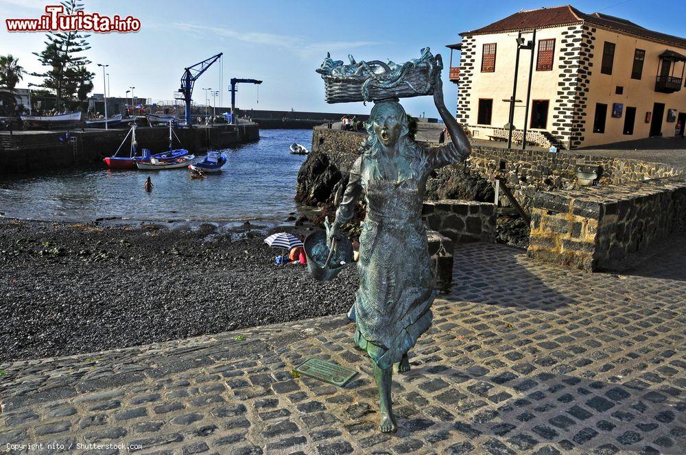 Immagine La scultura di una pescatrice al porto di Puerto de la Cruz, Tenerife, Spagna. Questa statua, opera di Julio Nieto, è dedicata agli antichi venditori di pesce - © nito / Shutterstock.com