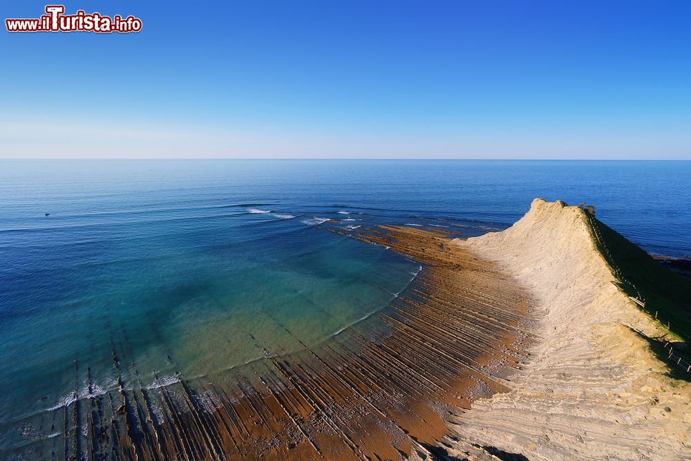 Immagine La spiaggia di Sakoneta vista dall'alto nella regione di Guipuzcoa, Paesi Baschi. Noto per la bassa marea, questo tratto di costa è uno dei più suggestivi di tutto il paese. Situata nella cittadina costiera di Deba, ospita grotte e monumenti geologici che fanno da cornice. Da non perdere le spettacolari formazioni di flysch.
