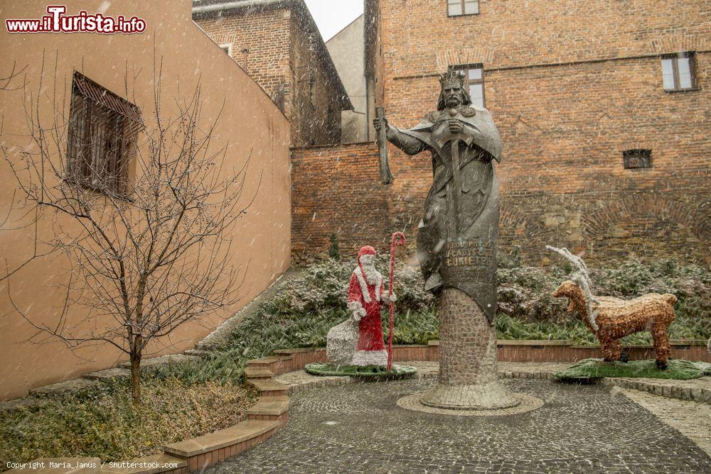 Immagine La statua di re Lokietek con gli addobi natalizi a Tarnow, Polonia, durante una nevicata - © Maria_Janus / Shutterstock.com