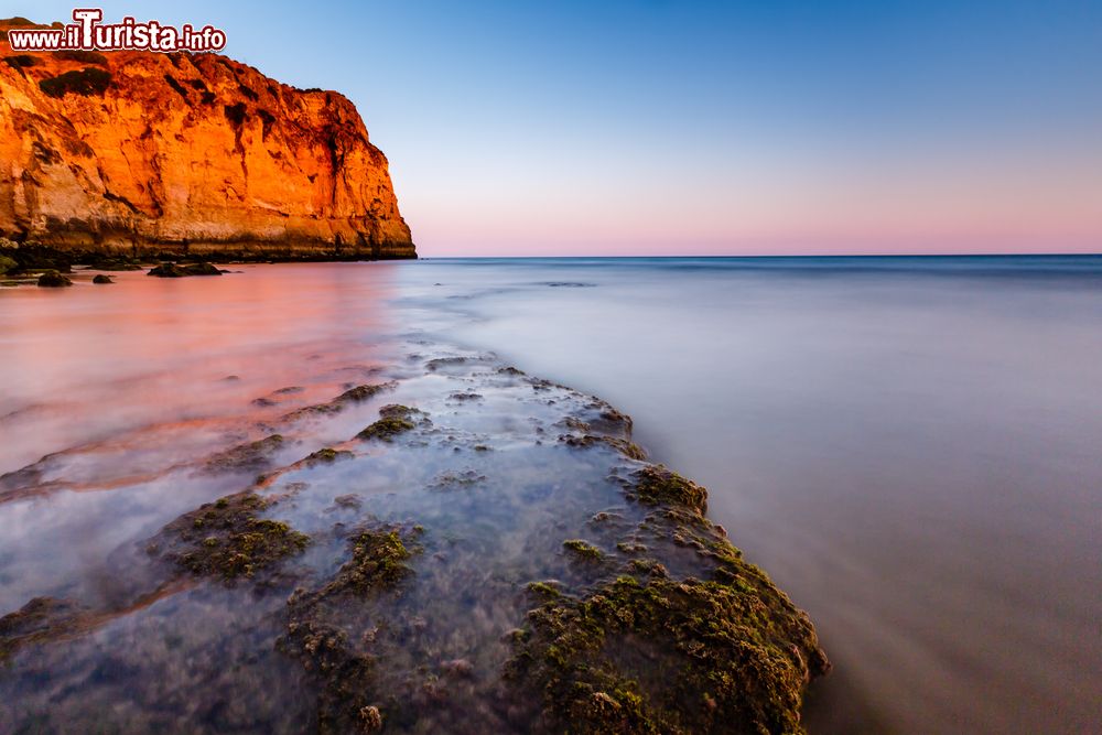 Immagine La suggestiva spiaggia di Porto de Mos in Algarve, Portogallo: costeggiata da alte scogliere a picco sul mare, è una sorta di lunga lingua dorata lambita da un mare tranquillo con acqua dalle tonalità verdi e azzurre.