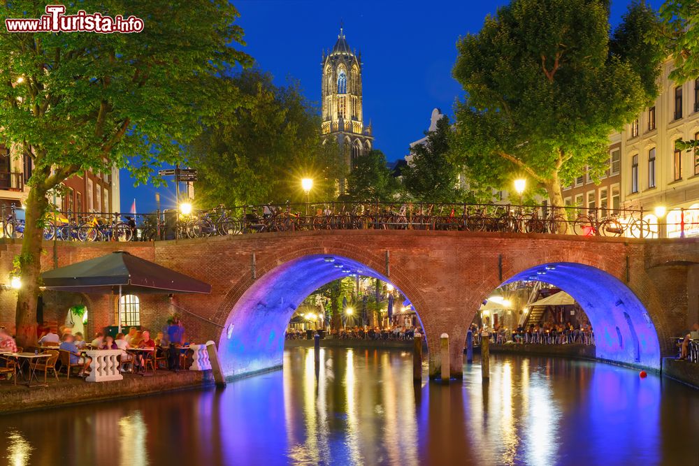 Immagine La torre del Duomo di Utrecht in OLanda ed il centro storico illuminato di sera