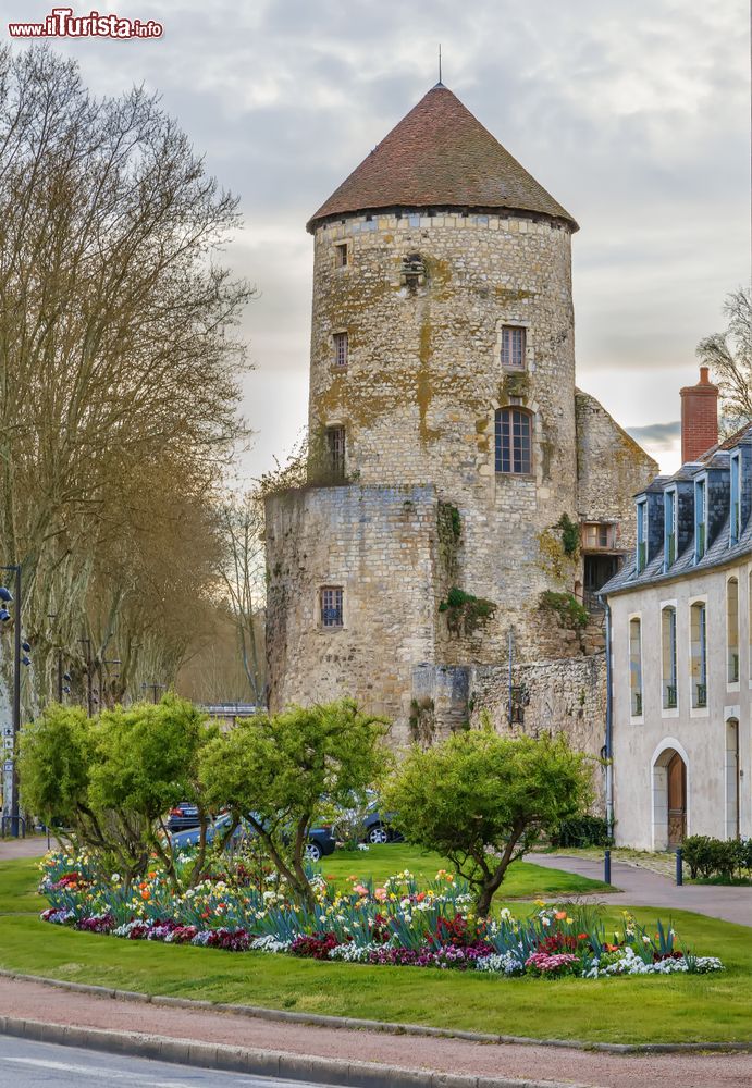 Immagine La torre Goguin del XII° secolo a  Nevers, Francia. In primo piano, un'aiuola fiorita.