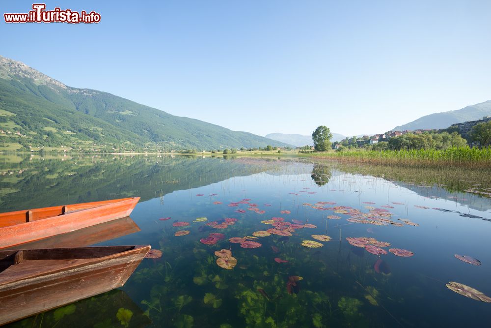 Immagine Lago Plav, Montenegro. Una spettacolare immagine delle acque di questo lago che si estende in direzione nord sud per 2.160 metri con una profondità media di 9. Il suo nome, Plav o Plavsko, deriva dal termine con cui si indica il colore azzurrognolo. A circondarlo ci sono alte conifiere.