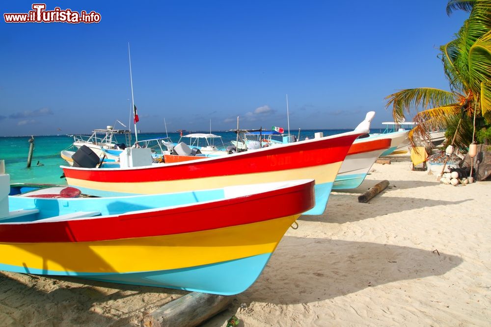 Immagine Le barche colorate dei pescatori ormeggiate sulla spiaggia di Isla Mujeres, Messico.