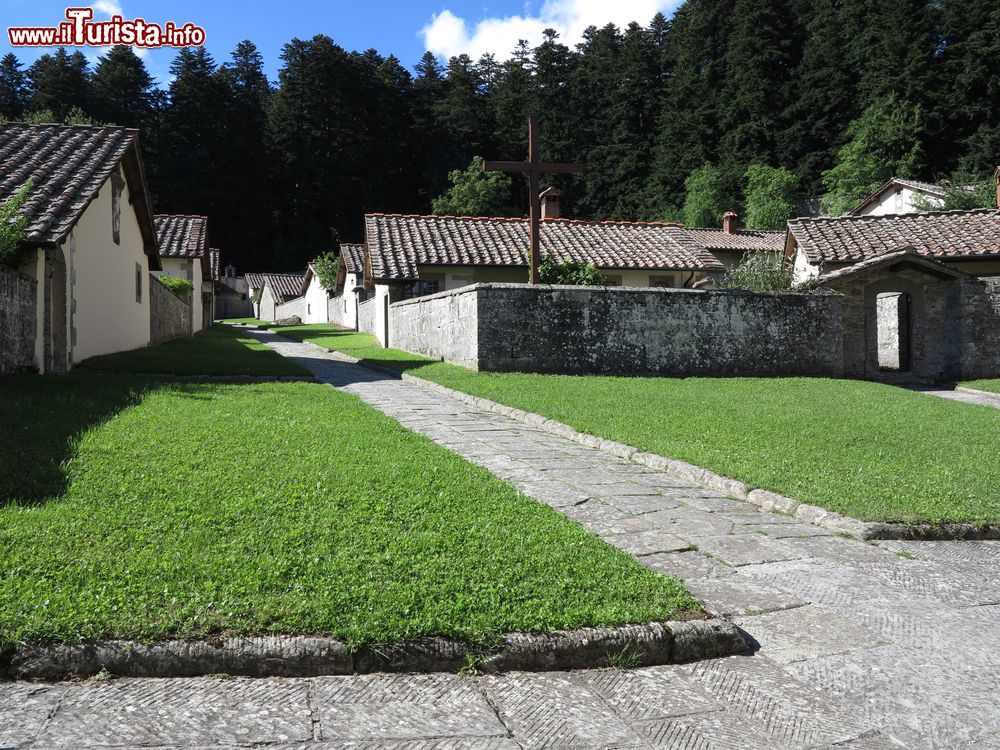 Immagine Le celle dei monaci all'eremo di Camaldoli, Poppi, Toscana. L'eremo è costituito da venti celle situate oltre il cancello che delimita la clausura e sono disposte su cinque fila.