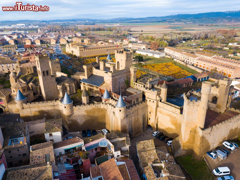 Immagine Le torri del Palazzo Reale di Olite, Spagna, viste dall'alto. Dichiarato monumento nazionale dal 1925, sorge in Plaza Carlos III° El Noble.