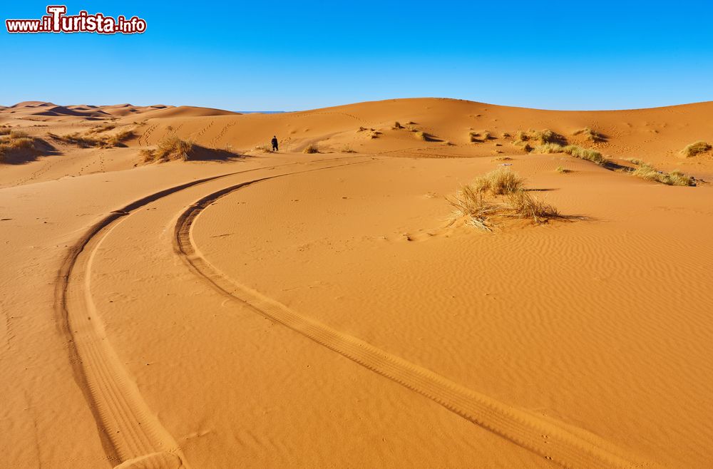 Immagine Le tracce degli pneumatici di un fuoristrada sulle dune di Douz, Tunisia. Questa graziosa cittadina della Tunisia viene chiamata anche "porta del Sahara". 