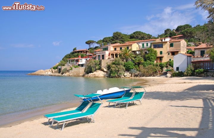 Immagine Lettini da sole sulla spiaggia di Scaglieri, isola d'Elba, Toscana. E' considerata un vero e proprio gioiello della natura: si affaccia nel golfo della Biodola, sul versante settentrionale dell'isola. Ha sabbia finissima e dorata dovuta alla disgregazione dei porfidi granitici.