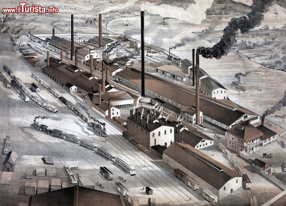 Immagine Litografia del 1880 dell'impianto di raffinazione The Omaha and Grant Smelting Company, Omaha, Nebraska.
