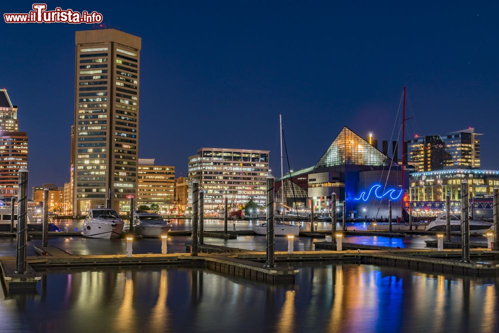 Immagine Luci notturne sull'Inner Harbor di Baltimora, Maryland, con il National Aquarium. Porto storico della città, l'Inner Harbor è anche una delle principali attrazioni turistiche di Baltimora oltre che punto di riferimento per molti turisti. Si trova alla foce delle Jones Falls.