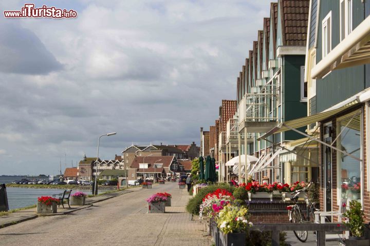 Immagine Architettura a Volendam, Olanda - Graziose e ordinate, con piccoli giardini fioriti (d'altronde l'Olanda è la patria dei fiori!), le casette di Volendam si affacciano sul lungomare. In questo scorcio, la cittadina fotografata in direzione del porto © Michela Garosi / TheTraveLover.com