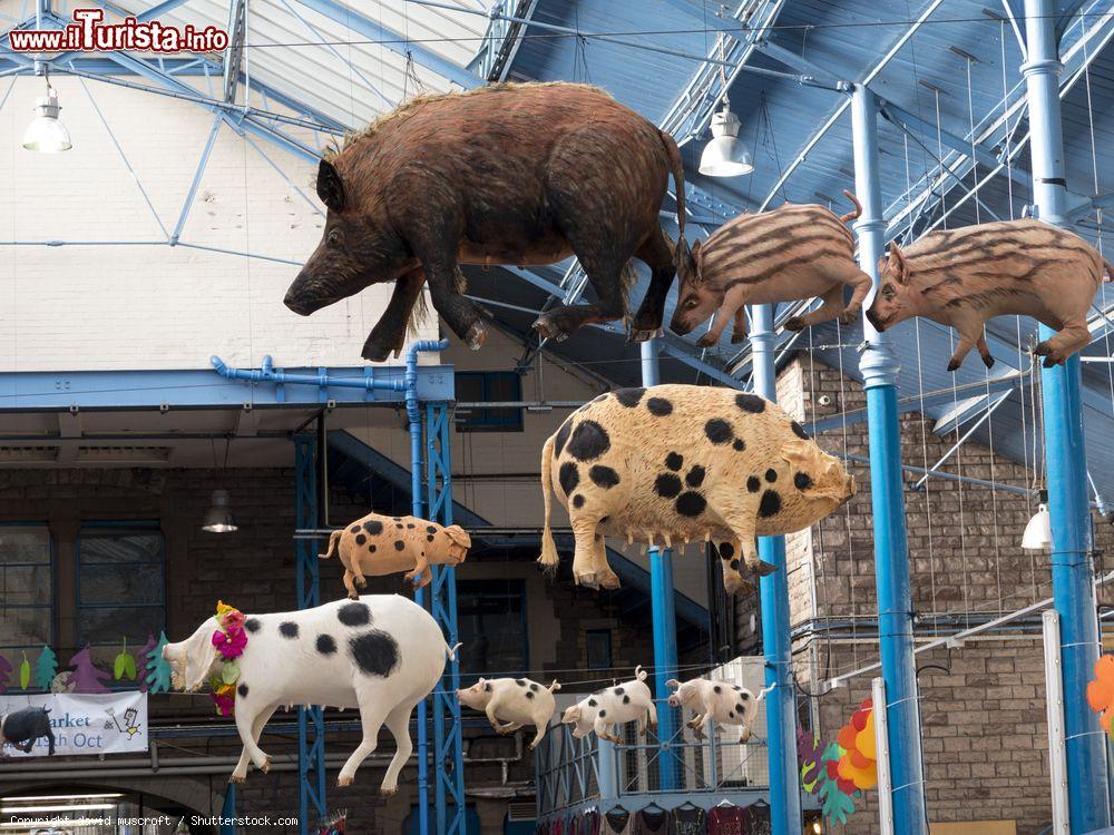 Immagine Maiali e cinghiali appesi al soffitto all'ingresso di un mercato al coperto a Abergavenny, Galles, UK - © david muscroft / Shutterstock.com