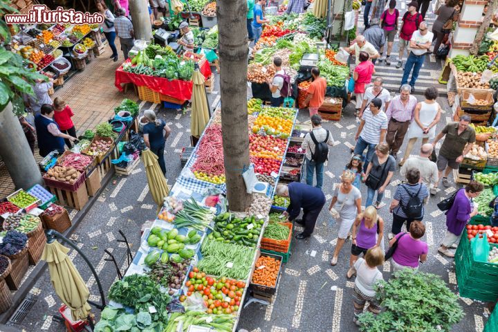 Immagine Il Mercado dos Lavradores a Funchal, Madeira (Portogallo) - Colorato, allegro e dai profumi forti, di quelli che ti rimangono nelle narici e nei ventricoli. Il mercato di Funchal è famoso per una vivacità di tinte che oltre a essere nei prodotti gastronomici tipici della località sono anche nell'allestimento dei banchetti. Il pesce spada è l'alimento più rinomato nonché il più diffuso di Madeira, ma non mancano anche frutta e vini prestigiosi. Sempre popolato di turisti, vi sono anche peculiarità sfiziose come per esempio gli stand adagiati intorno a veri e propri alberi, come si evince dall'immagine - © T.W. van Urk / Shutterstock.com