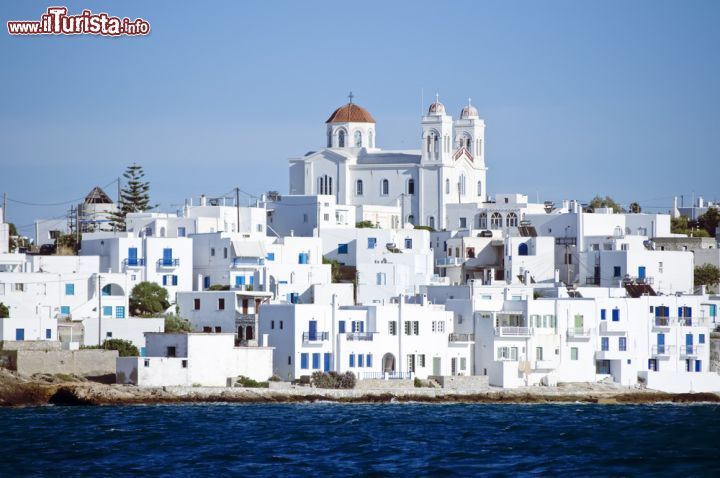Immagine Naoussa, Cicladi: la "chora", ovvero la zona al di fuori delle mura cittadine, con il villaggio e il porto. Da notare la tipica architettura greca con le abitazioni tienteggiate di bianco e porte e finestre dipinte con le tonalità dell'azzurro e del blu - © Dieter Hawlan / Shutterstock.com